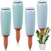 LemonRoad front view of four terracotta watering spikes showing pack colors and size benefit