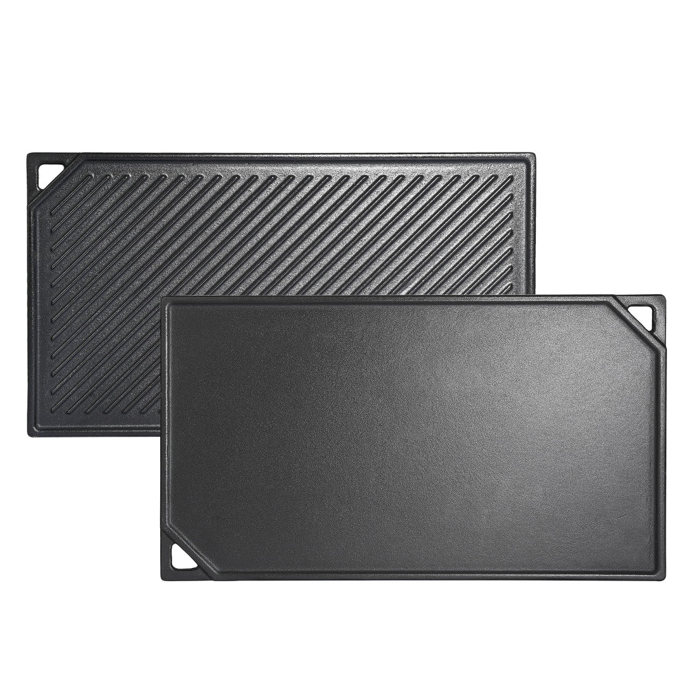 Leship rectangular griddle front view showing shape and handles for versatile cooking