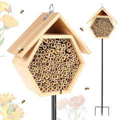 Lettry bee house front view showing hexagonal wooden shelter and entrance holes benefiting pollination