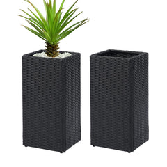LEWIS&WAYNE front view of two tall black planters showing elegant entrance styling