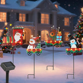 Lewondr front view of connected metal train stakes showing festive LED glow and curb appeal