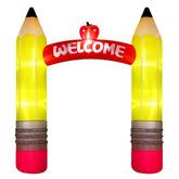 Leyndo arch front view showing pencil design and welcome banner, bright entry point
