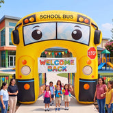 Leyndo front view of inflatable bus arch showing welcome entrance and bright design