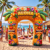 Leyndo tiki arch front view showing vibrant colors and instant party focal point