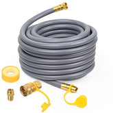 Lezbanz front view of full 48ft natural gas hose showing fittings and length benefit