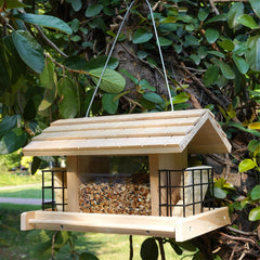 Liawm front view of pine bird feeder showing capacity and decorative finish