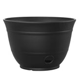 Liberty Garden front view of matte black hose pot showing neat hose storage and curb appeal