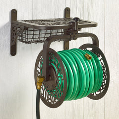 Liberty Garden top shelf lifted to show hidden basket for neat tool organization