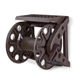 Liberty Garden front view of bronze wall-mounted hose reel showing compact storage benefit