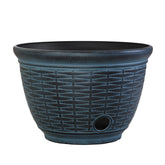 Liberty Garden front view of deckled blue wicker pot showing neat hose storage benefit