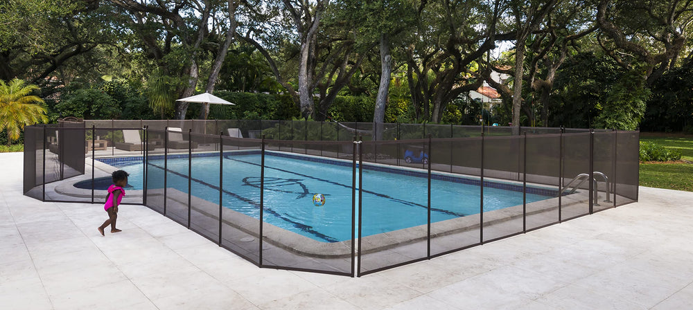 Life Saver Pool Fence front view showing brown 4ftx12ft section and poles for safety