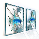 LIFFY front view of blue metal fish sculpture showing framed design and color