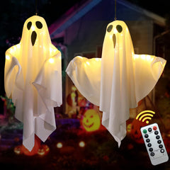 Lifnatty front view of two hanging ghost lights showing spooky glow and easy setup
