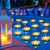 Liliful front pack shot showing 36 white lotus lights and bright ambiance benefit