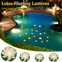 Liliful lotus lanterns floating on pool at night offering soft ambient lighting benefit