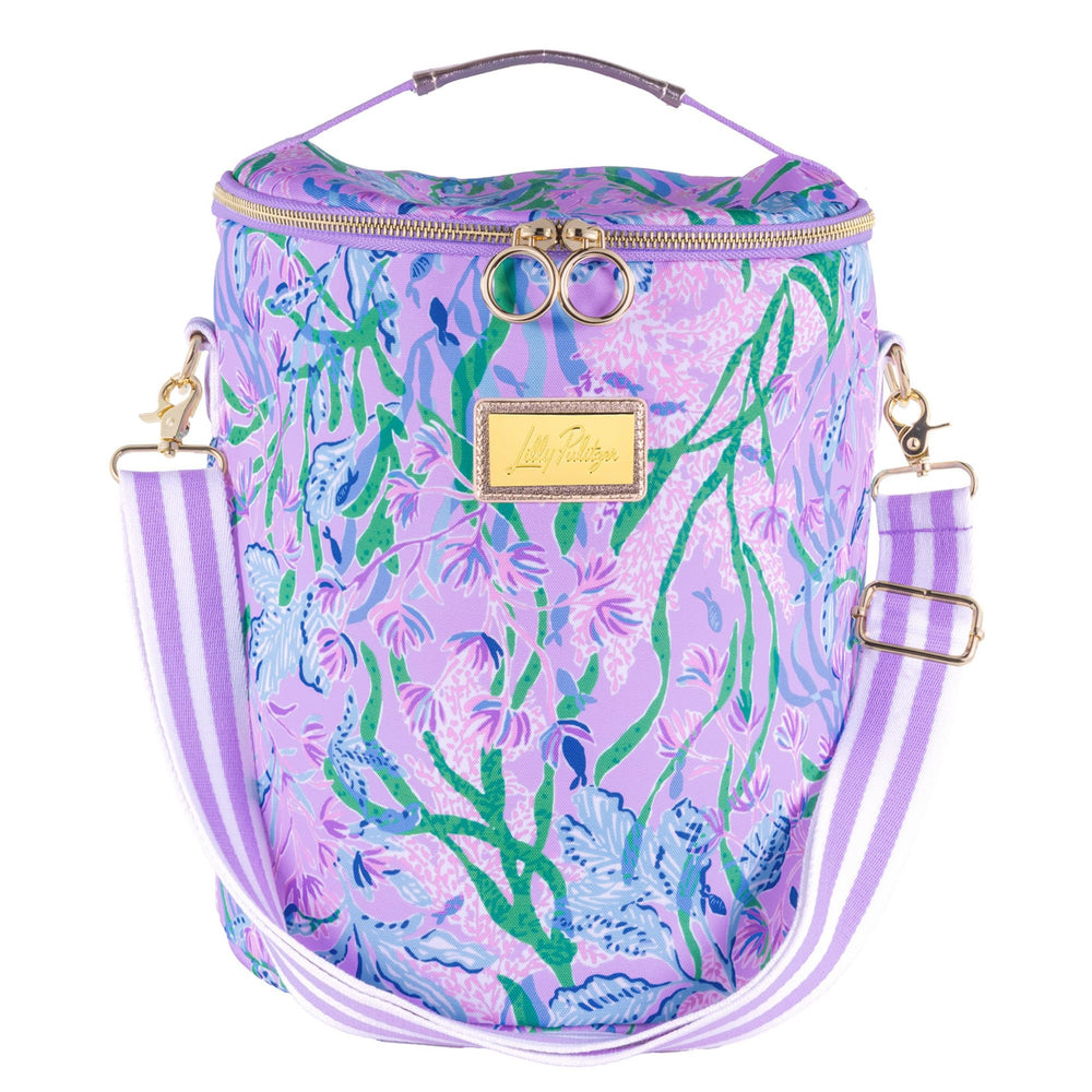 Lilly Pulitzer front view of Seacret Escape cooler showing vibrant print and zipper for stylish carrying