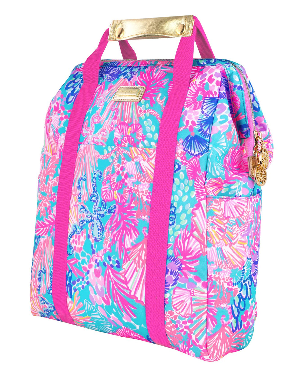 Lilly Pulitzer front view showing Splendor in the Sand print and gold logo — stylish and functional
