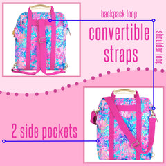 Lilly Pulitzer convertible straps worn as backpack — hands-free comfort and adjustability