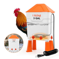 Lilyang front view of 3-gallon heated chicken waterer showing stable base and reservoir benefit: reliable winter watering