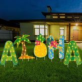 Lineshading front view of five aloha yard signs showing bright tropical welcome