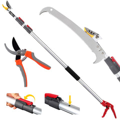 Lineslife front view of complete telescoping pole saw showing tool set and benefits