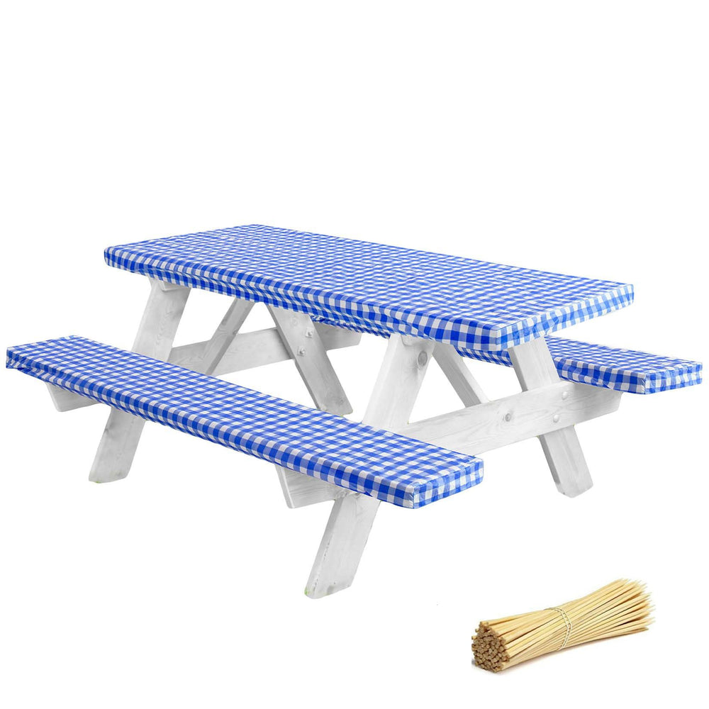LINPRO front view of fitted 8ft blue gingham table cover showing neat fit and protection