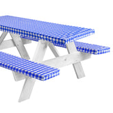 LINPRO front view 8ft table cover showing full blue check protection and easy setup