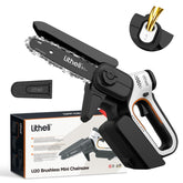 LiTHELi mini chainsaw front view showing compact design and easy handling benefit
