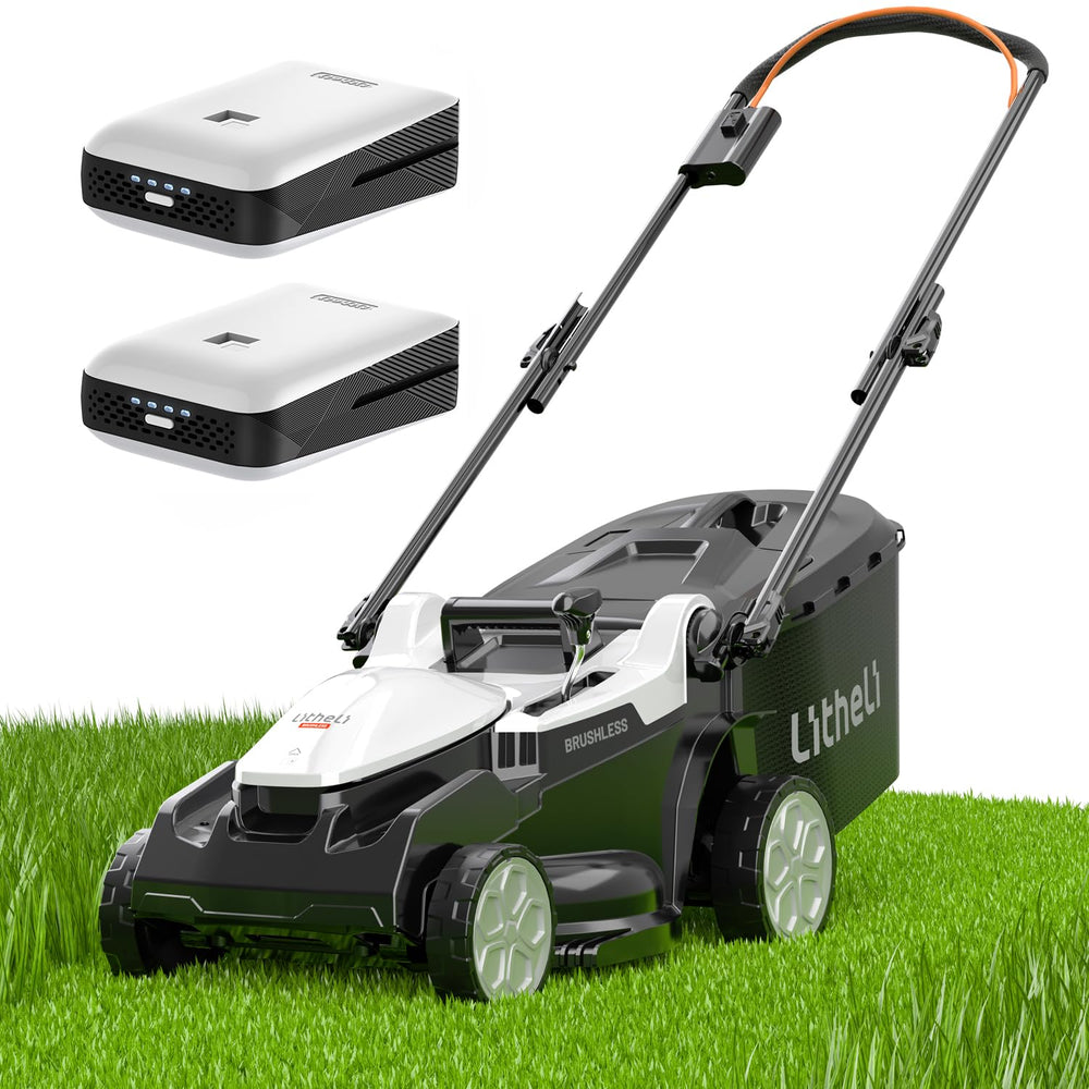 LiTHELi mower front view showing compact deck and easy maneuvering benefit