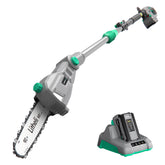 LiTHELi pole saw front view showing compact battery and guide bar benefit safe handling