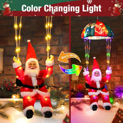 litogo parachuting Santa beside ruler for scale showing two-foot height and placement ideas