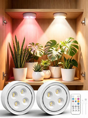 LMBMYYS front view of two puck lights showing compact design and shelf benefit