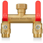 LNEZCDB front-mounted splitter on faucet showing dual outlets and full-flow benefit