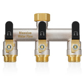 LNEZCDB front view of brass splitter showing three outlets and nickel finish for durable multi-hose use