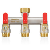 LNEZCDB front view of 3-way brass splitter showing robust body and red handle for quick control