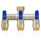 LNEZCDB front view of 3-way hose splitter showing full-flow outlets and nickel finish