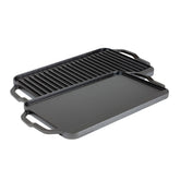 Lodge front view of grillgriddle showing full two-burner surface and handles for easy placement
