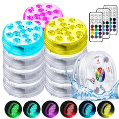 LOFTEK front view of 12-pack submersible lights showing packaging and included accessories for easy setup