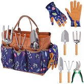 Lothee front view of full 7-piece tool set and floral tote showing organized storage benefit