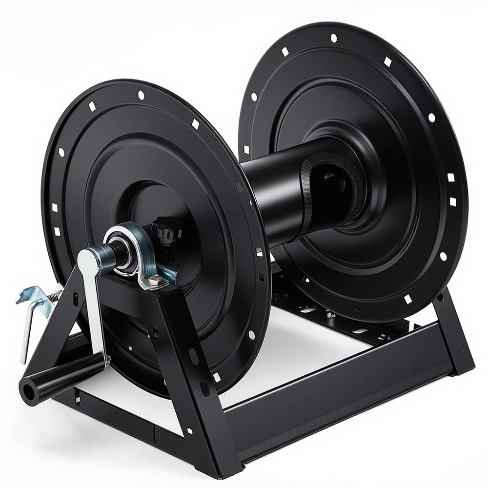 Lounsweer front view of reel showing drum and frame for durable hose storage