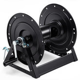 Lounsweer front view of reel showing drum and frame for durable hose storage