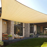 LOVE STORY front view of sand shade sail packaging showing product benefit of UV protection