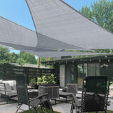 LOVE STORY triangle shade sail front view showing clean triangular silhouette and sun protection