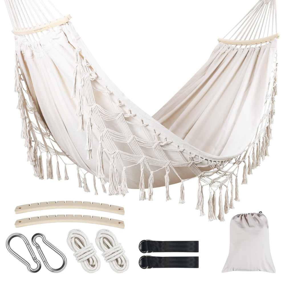 LOVSTORAGE hammock front view showing roomy double canvas and beige color