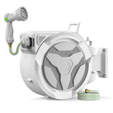 LUCKYTECH front view of retractable hose reel showing compact storage and neat hose management
