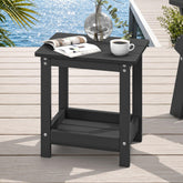 LUE BONA front view of black two-tier side table showing compact silhouette and finish