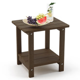 LUE BONA front view of dark brown two-tier side table showing sturdy profile and compact footprint