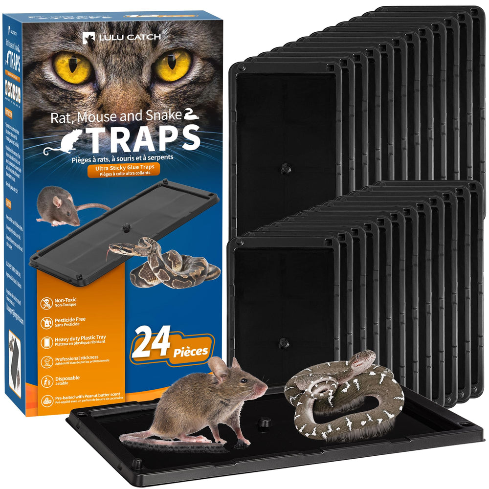 LULUCATCH front packaging showing 24 pre-baited glue traps and benefits