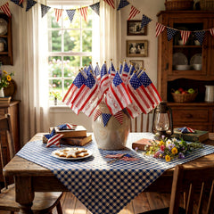 Lumina Garden flags staged as a tabletop centerpiece creating patriotic ambiance benefit