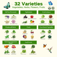 LUSH&DEW spread of seed packets displaying the 32 heirloom varieties for garden planning